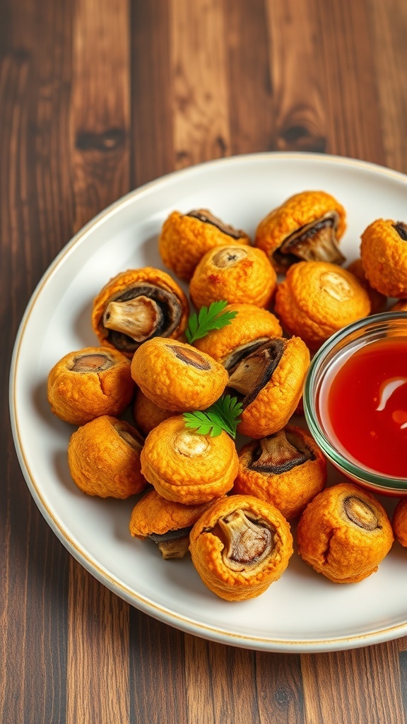 A plate of golden crispy fried mushrooms with dipping sauce and parsley garnish on a rustic table.